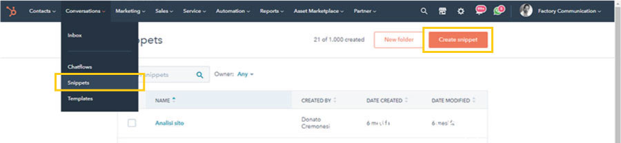 Come creare gli Snippets in HubSpot per velocizzare le operazioni di ogni giorno
