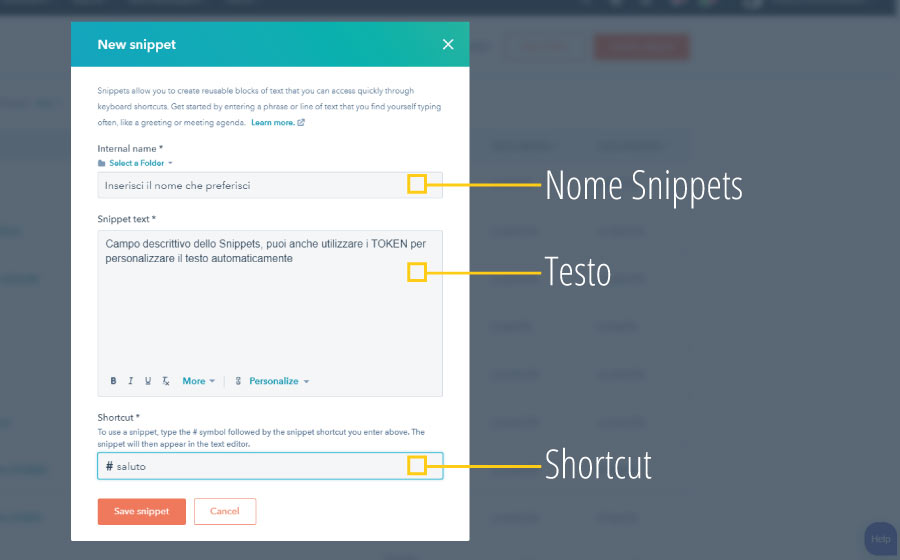 Descrizione degli snippets di HubSpot