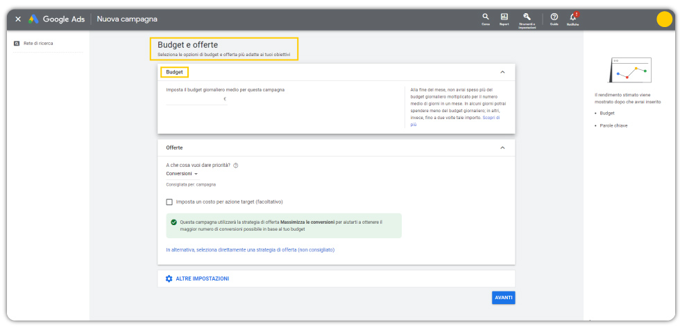 Account GoogleAds: pannello per definire il Budget