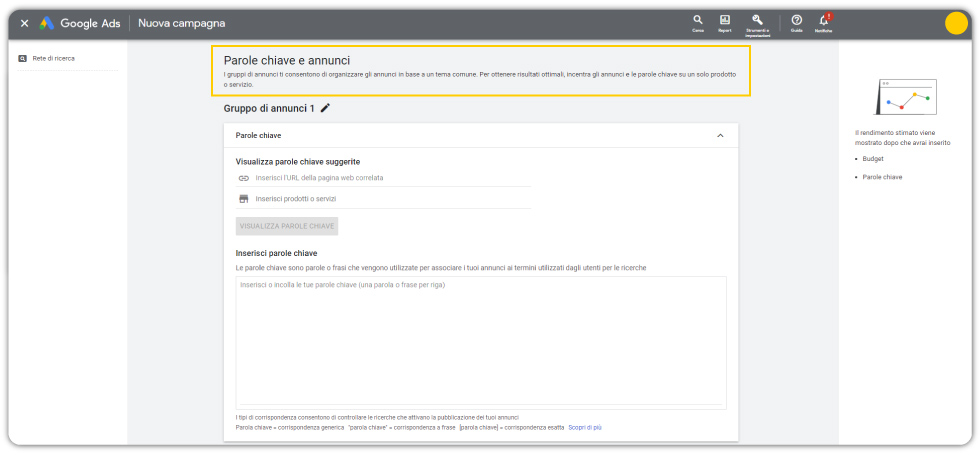 Account ggoogle Ads: pannello per definire le parole chiave