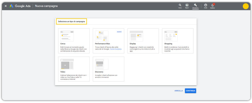 campagne google ads pannello Scegli il tipo di campagna