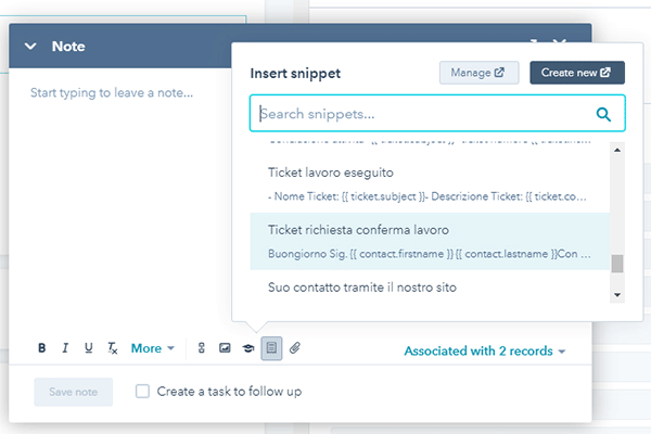 Utilizza gli Snippets di HubSpot nella creazione delle tue note