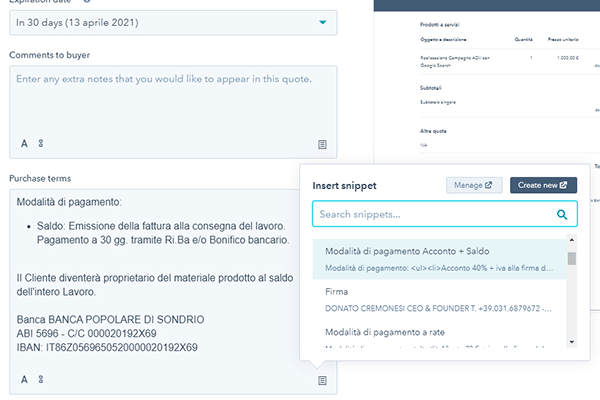 Utilizza gli Snippets di HubSpot nella realizzazione dei tuoi preventivi