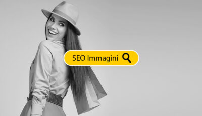 fotografia in bianco e nero di una giovane donna. In over alla foto un pulsante di ricerca giallo con all'interno la scritta "SEO immagini"