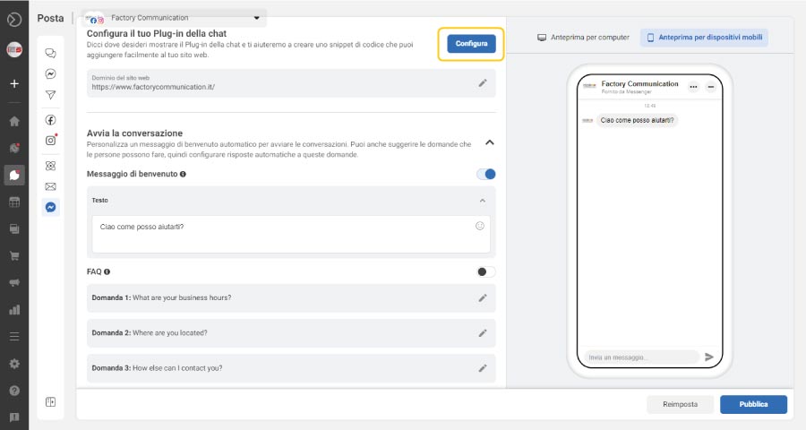 Come aggiungere Facebook Messenger al tuo sito web step 5. Clicca il bottone "Configura" nella sezione "Configura il tuo Plug-in della chat".