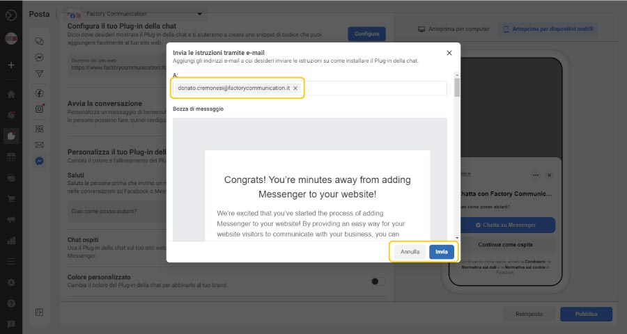 Come aggiungere Facebook Messenger al tuo sito web step 9. Hai dei dubbi sulla procedura? Puoi inviare al tuo Webmaster le istruzioni