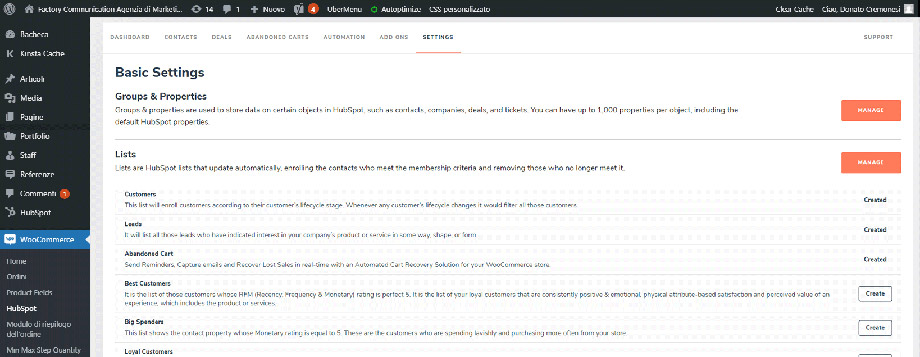 Attivazione Liste dal pannello HubSpot presente in WooCommerce