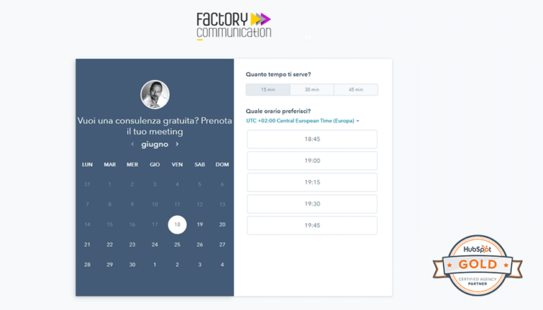 Utilizza HubSpot per prenotare un meeting con Donato Cremonesi CEO di Factory Communication