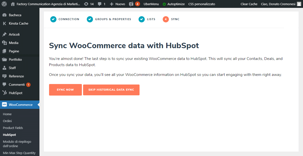 Clicca "SYNC NOW" per sincronizzare i dati di WooCommerce con HubSpot