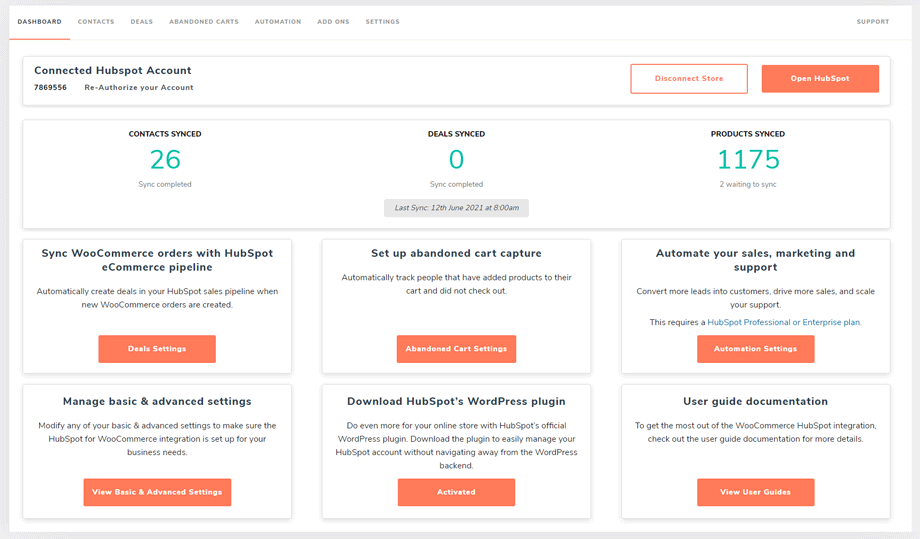 Visualizzazione DASHBOARD di HubSpot in WooCommerce