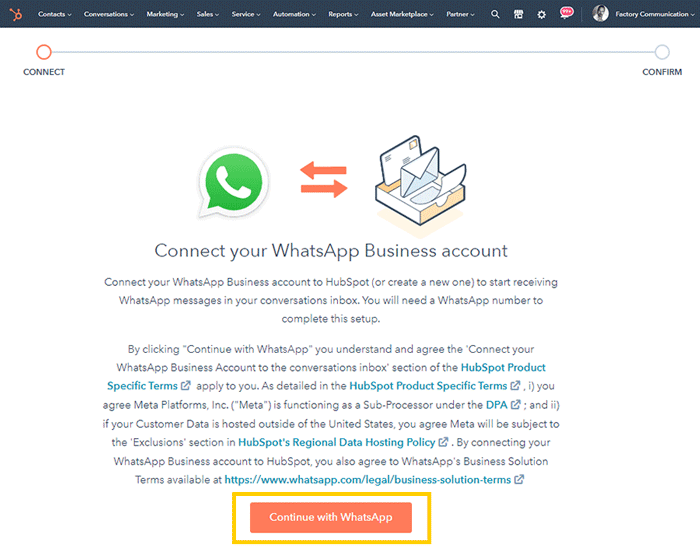 Procedura per connettere HubSpot a WhatsApp Business - Step 3