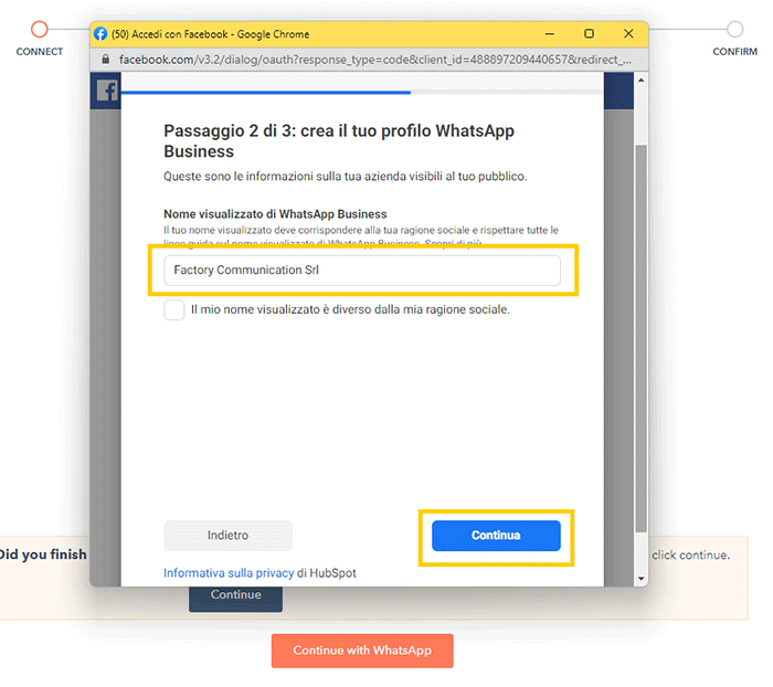 Procedura per connettere HubSpot a WhatsApp Business - Step 5