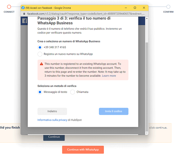 Procedura per connettere HubSpot a WhatsApp Business - Step 6