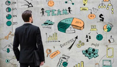 un manager guarda grafici e disegni su una parete