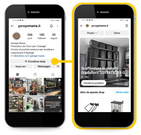 Il social e-commerce di www.garagemania.ch su Instagram