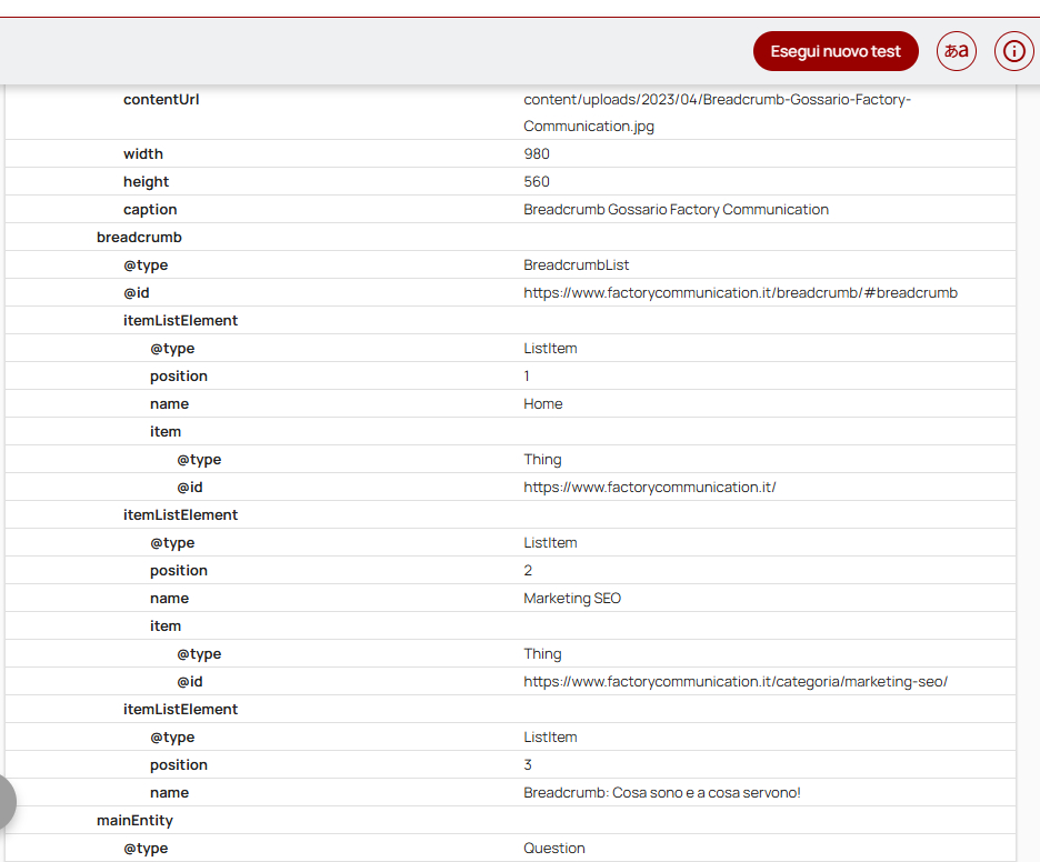 Result of scanning the HTML code of a page performed with run a quick test with the tool "Validator schema.org"