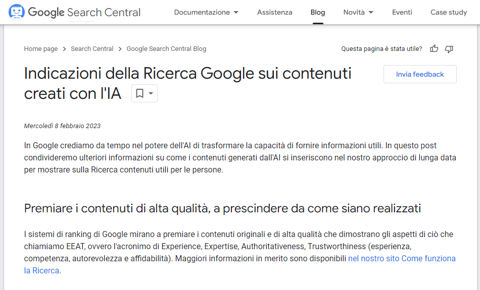 Estratto delle indicazioni di Google Search Console inerenti l'utilizzo dei contenuti generati con l'IA