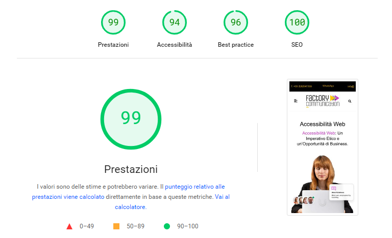 analisi accessibilità realizzata con Google Page Speed