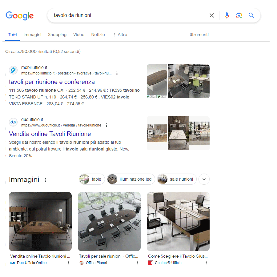 Risultati sulla SERP di Google inerenti la query di ricerca "tavolo da riunioni"