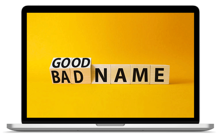 Su il monitor di un computer laptop è visualizzata una scritta nera "GoodName" su sfondo giallo