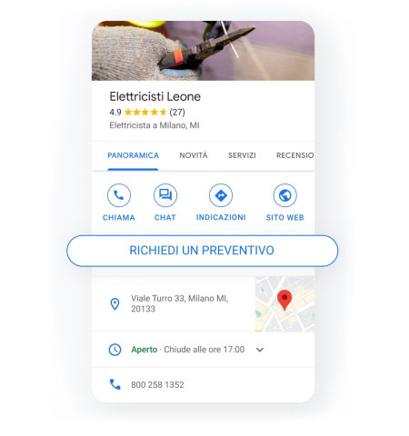 Esempio di una scheda di un elettricista pubblicata su Google My Business
