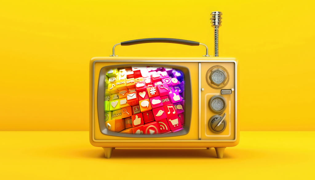televisione gialla su sfondo giallo che proietta le icone dei social