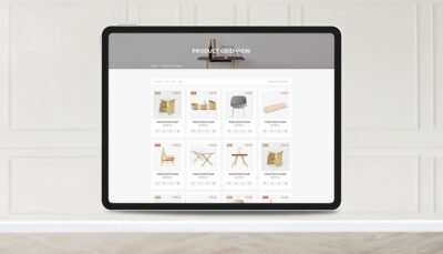 Un tablet in primo piano che visualizza un e-commerce di arredamento