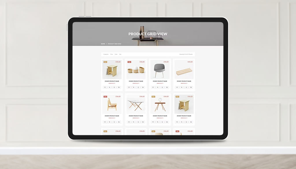 Un tablet in primo piano che visualizza un e-commerce di arredamento