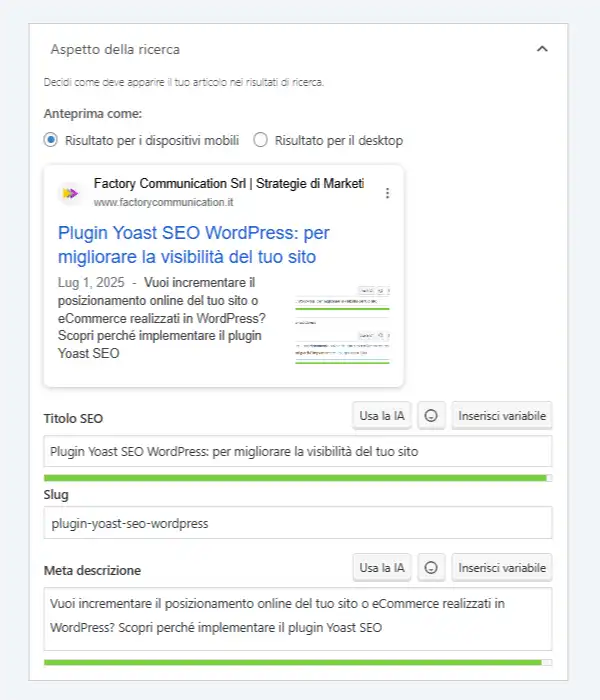 Title e description di un articolo gestiti con Yoast SEO