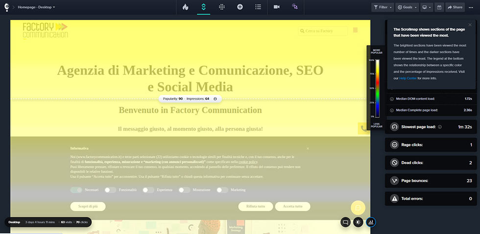 i colori Caldi indicano le zone dove gli utenti trascorrono maggior tempo. I colori freddi le zone di minor utilizzo.
Scrollando l'immagine è possibile vedere il comportamento degli utenti sulla homepage del sito di dell'Agenzia