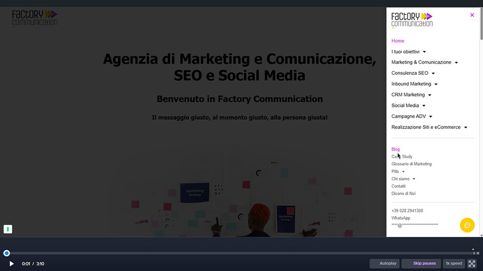 Grazie a Crazy Egg è possibile registrare il comportamento degli utenti sulle singole pagine.
Questa immagine mostra l'interfaccia del sito di Factory Communication durante la visita di un utente