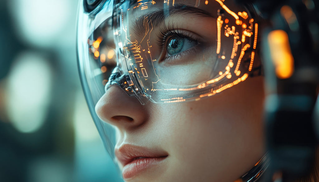 donna che indossa un visore interattivo gestito con intelligenza artificiale
