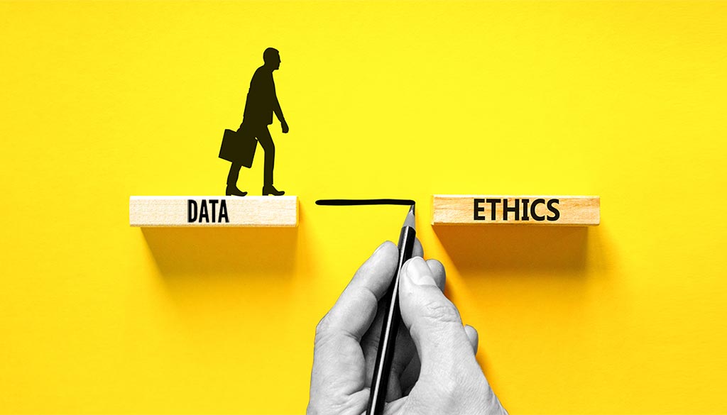 illustrazione su fondo giallo. Una mano traccia una linea con una matita e congiunge 2 riquadri. A destra un uomo d'affari dove c'è la scritta "Dati" a sinistra un riquadro con la scritta "Ethics"