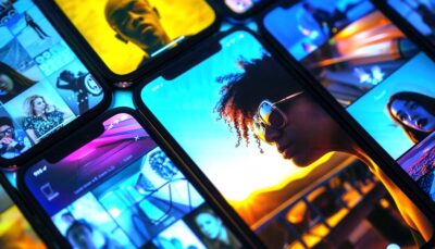 gruppo di smartphone appoggiati su un tavolo che visualizzano dei video