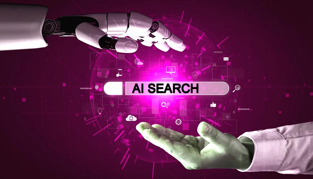 una mano umana e una mano di un robot, al centro la scritta AI Search