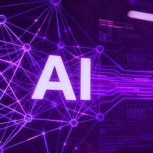 scritta AI luminescente su fondo viola