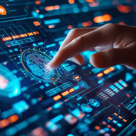 una mano clicca un bottone su un display a colori