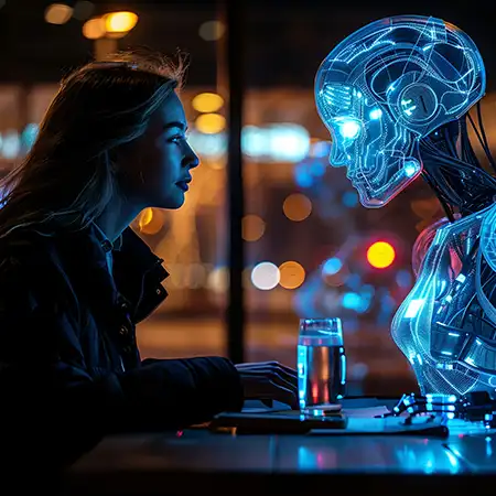 una ragazza parla con un umanoide digitale mentre beve qualcosa in un bar