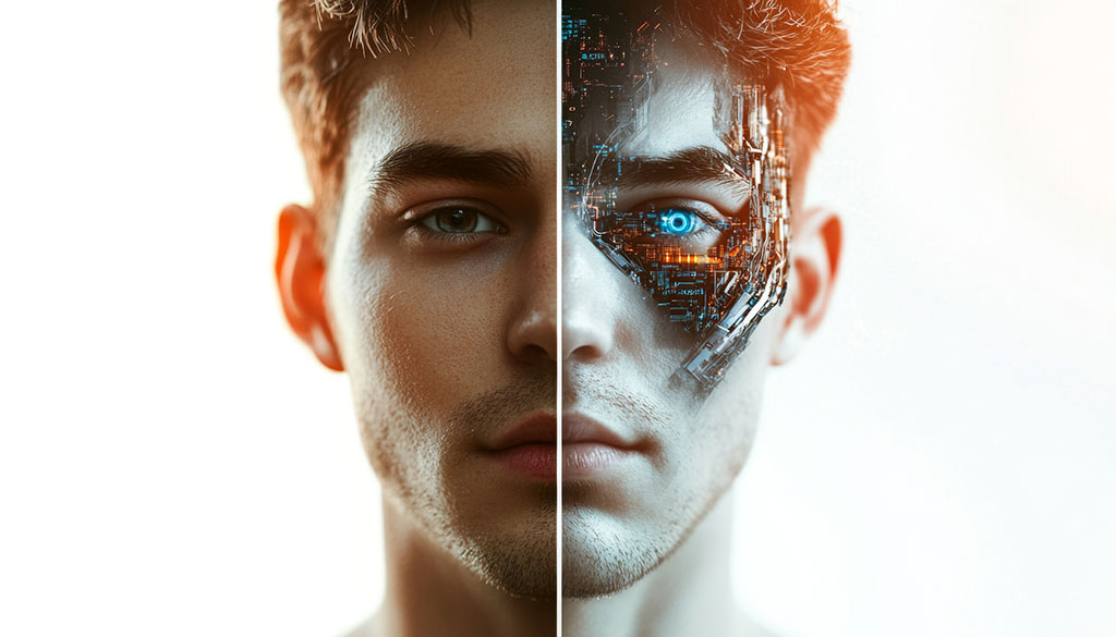 un viso diviso in due: a sinistra un volto umana, a destra un volto cyborg