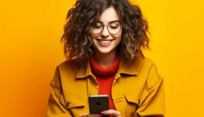 una ragazza sorridente sta guardando con attenzione uno smartphone