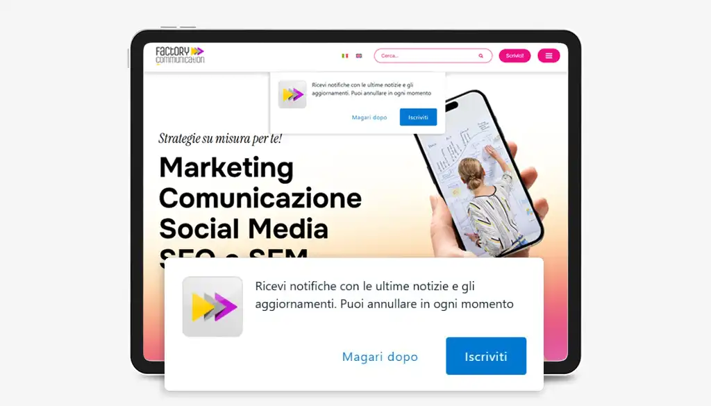 homepage sito factorycommunication.it visualizzato su un tablet, dove si vede la richiesta di iscrizione alla notifica push