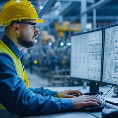 un tecnico in una linea di produzione del settore meccanico sta lavorando al computer