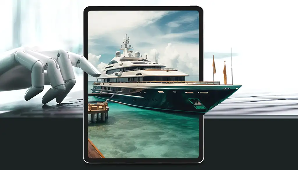 A yacht displayed on a tablet and a robot hand in the foreground