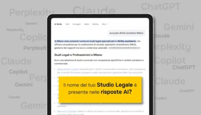 ricerca "avvocato diritto societario Milano" effettuata con Google Gemini visualizzata su un tablet. In background scritte in grigio chiaro delle principali piattaforma AI come Claude, Perplexity, Copilot, ChatGPT