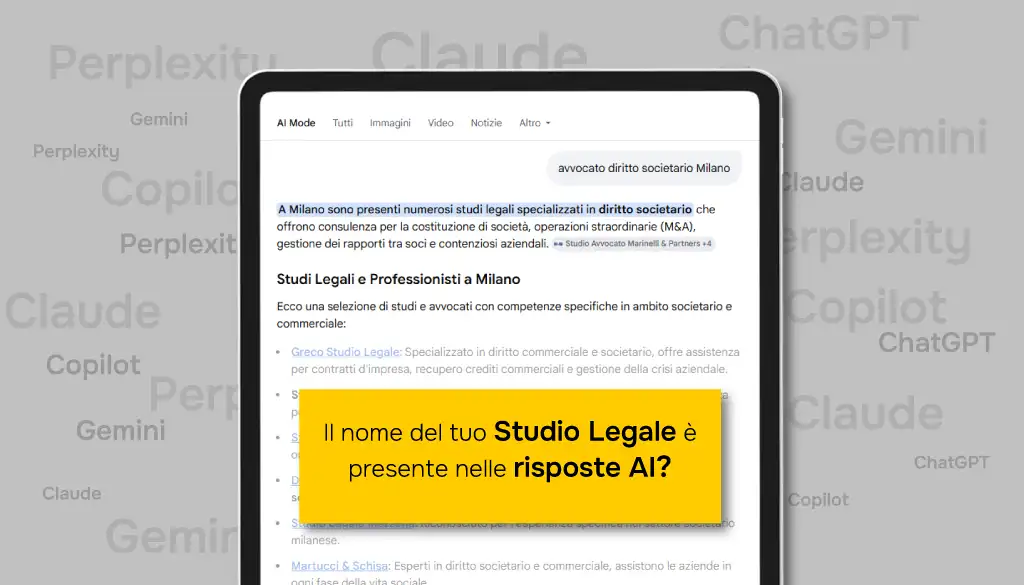 ricerca "avvocato diritto societario Milano" effettuata con Google Gemini visualizzata su un tablet. In background scritte in grigio chiaro delle principali piattaforma AI come Claude, Perplexity, Copilot, ChatGPT
