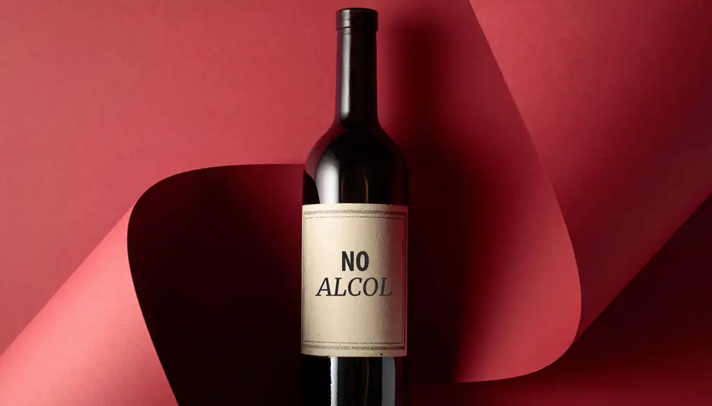 Wine bottle with a white label that reads No Alcohol