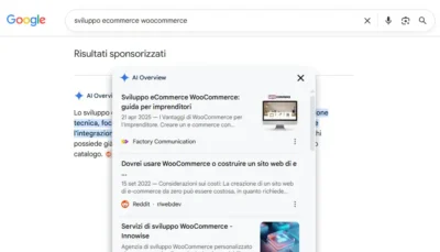 interfaccia della serp del motore di ricerca Google focalizzata sulla sezione AI Overview