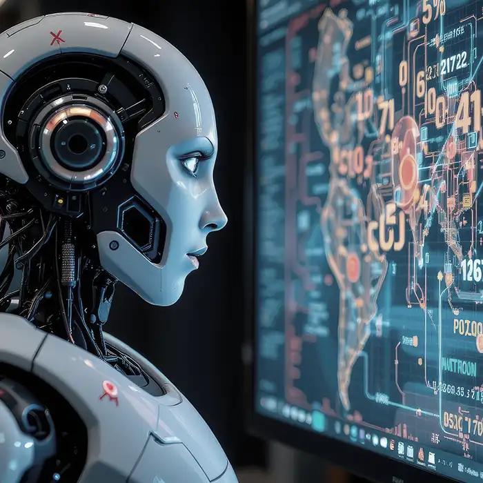 un robot umanoide davanti ad un pannello di controllo di un flusso di informazioni