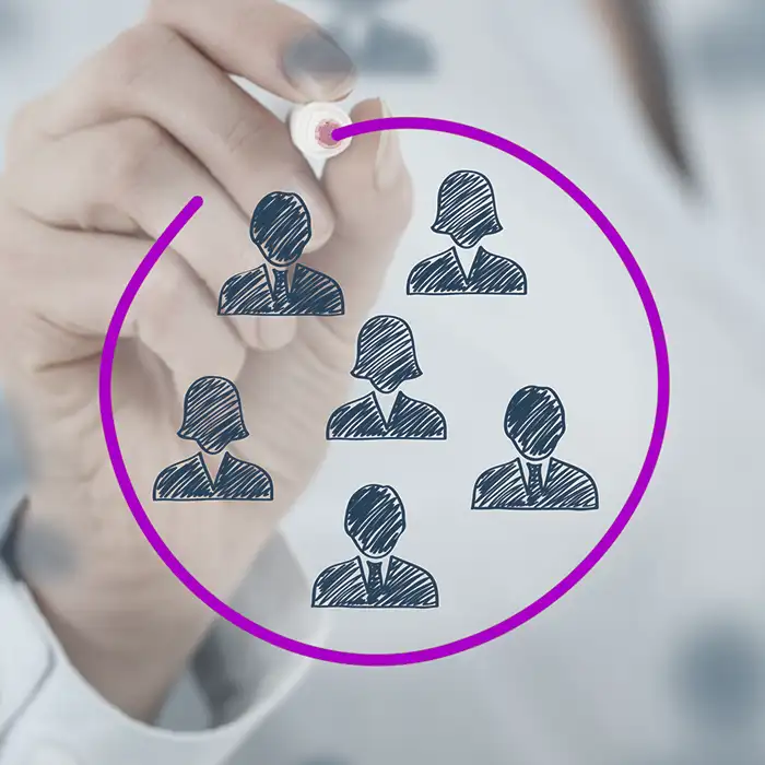 a hand encloses with a marker some icons of people in a circle