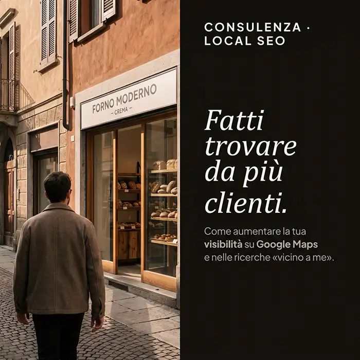 In over sull'immagine i testi: Consulenza SEO, fatti trovare da pi&ugrave; clienti. Come aumentare la tua visibilit&agrave; su Google Maps e nelle ricerche "vicino a me"